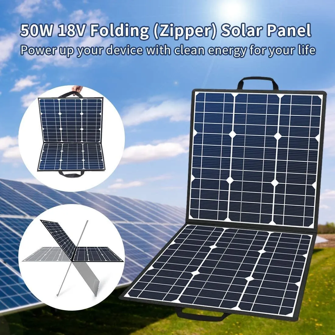 50W 18V Portable Solar Panel, Flashfish Foldable Solar Charger with 5V USB 18V DC Output Compatible with Portable Generator, Smartphones, Tablets and More