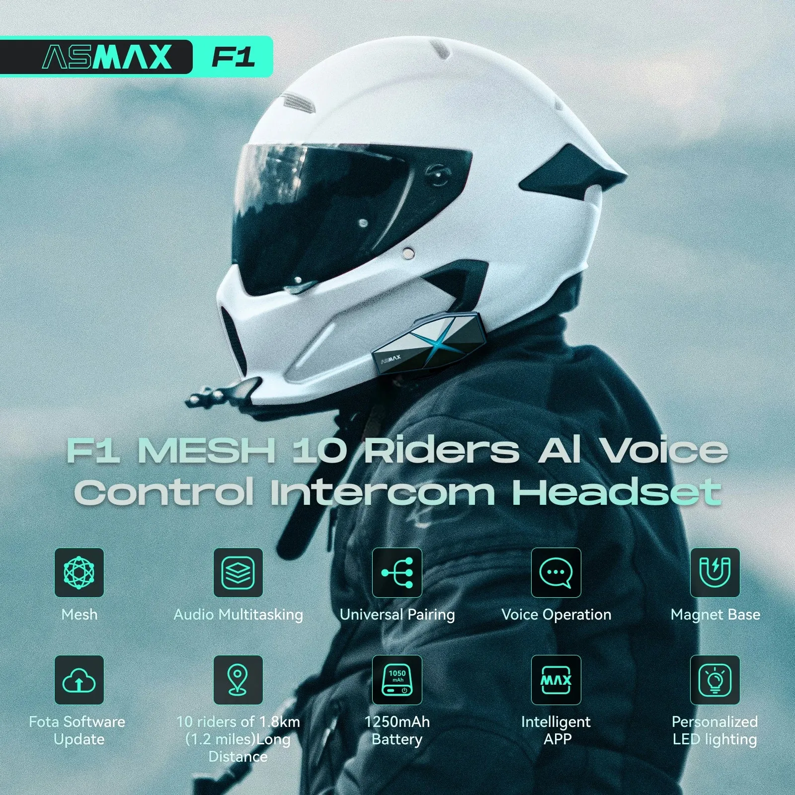 ASMAX F1 Motorcycle Helmet Headphones Mesh Intercom for 10 Riders Speak, Bluetooth 5.3 & AI Voice Control & IP67 Waterproof