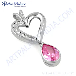 Lovely Heart Style White & Pink CZ Gemstone Silver Pendant