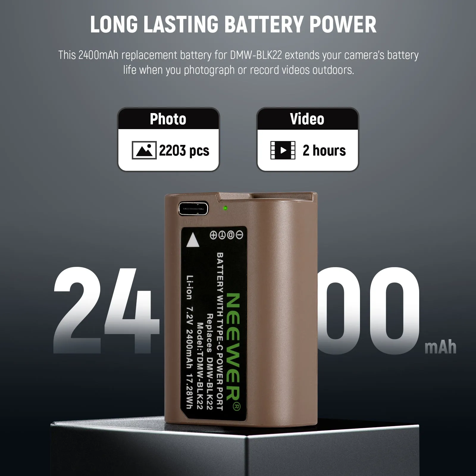 NEEWER 2400mAh DMW-BLK22 Replacement Battery For Lumix Cameras