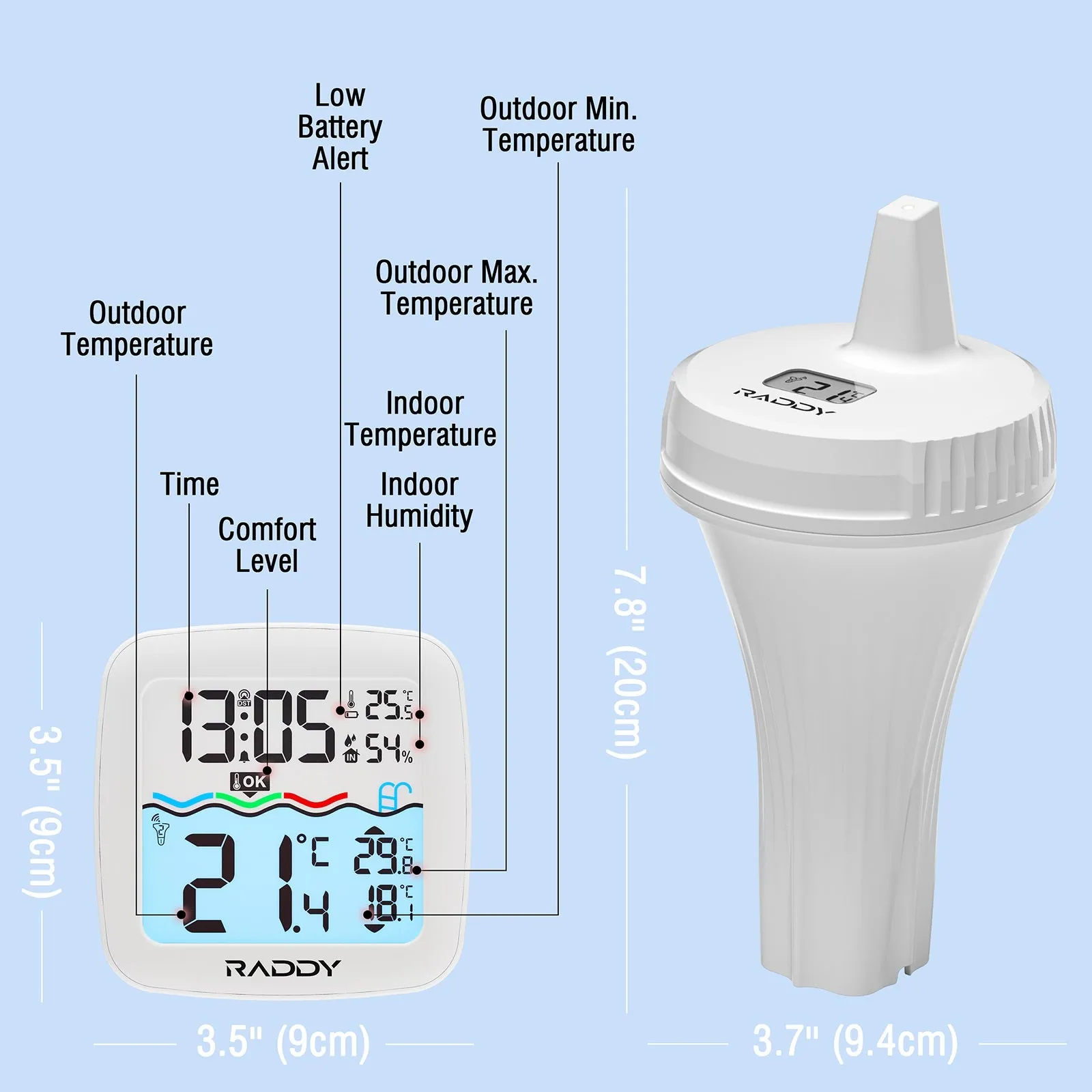 Raddy PT-2 Wireless Pool Thermometer | IPX7 | Alarm Clock | Water Comfort Level | for Pool Hot Tub Bathtub