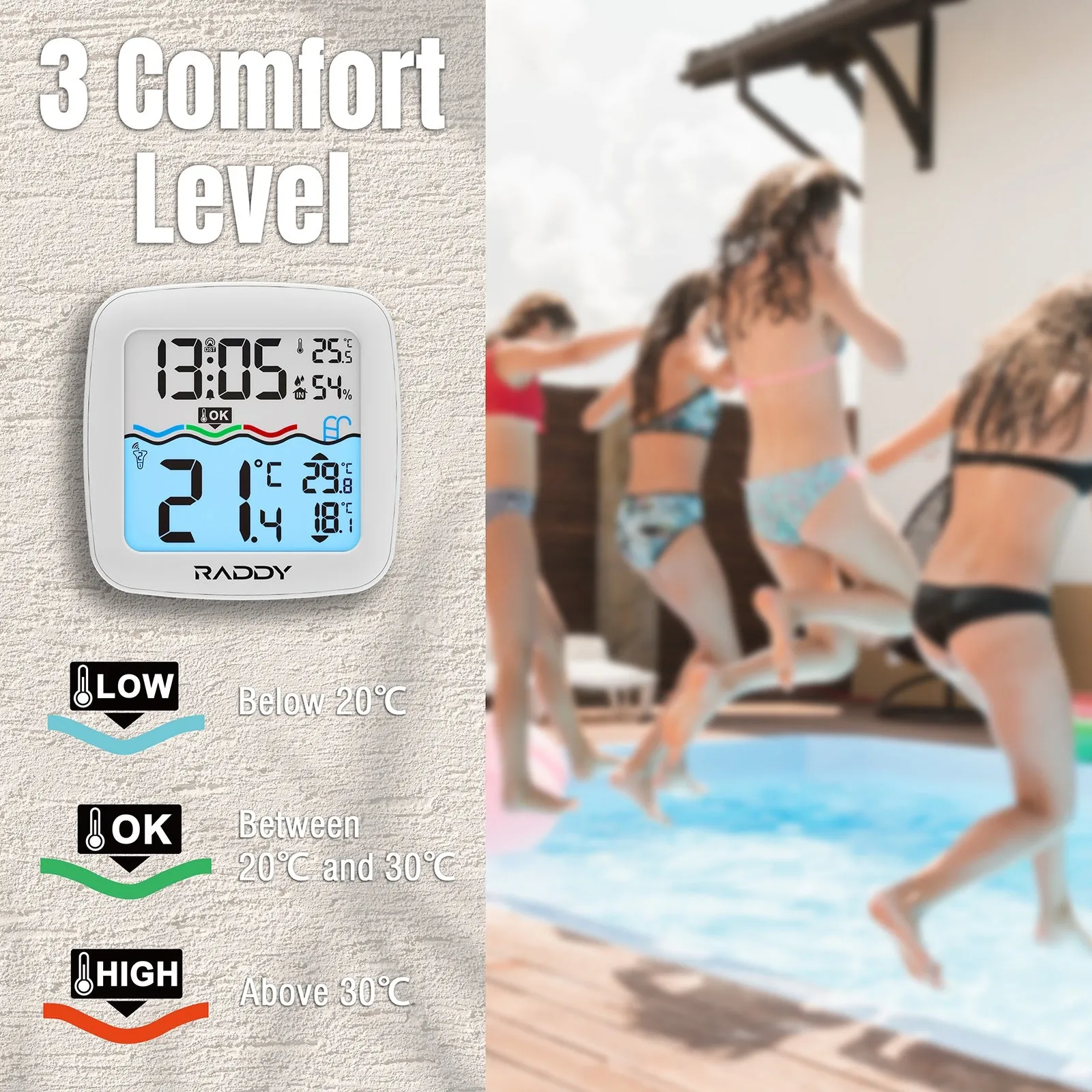 Raddy PT-2 Wireless Pool Thermometer | IPX7 | Alarm Clock | Water Comfort Level | for Pool Hot Tub Bathtub