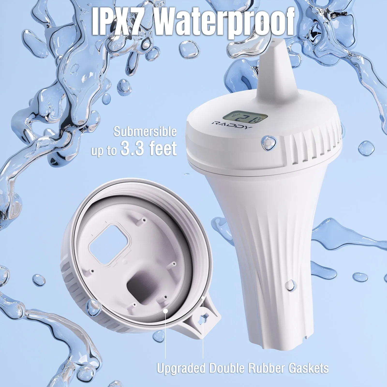 Raddy PT-2 Wireless Pool Thermometer | IPX7 | Alarm Clock | Water Comfort Level | for Pool Hot Tub Bathtub